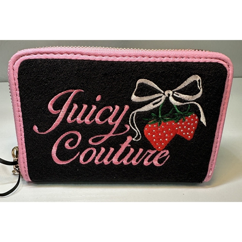 Juicy Couture Zip Around Wallet Black Pink Women's Retro Strawberry Bifold NWT